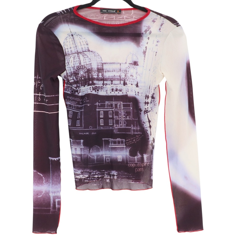 Vintage Cop Copine Paris Tony Mesh Graphic Top Long Sleeve Y2K Euro Print Size 1